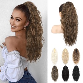 HOOJIH Ponytail Extension, Clip in Ponytail Hair Extension 22 Inch Hair Extension Curly Wavy Ponytail Fluffy Clip on Ponytail Synthetic Ponytail Hair Pieces for Women - Ginger Medium Brown