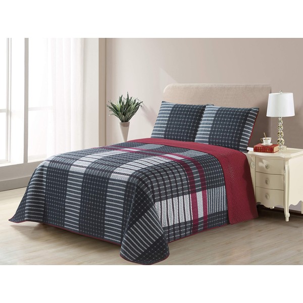 All American Collection New 3pc Plaid Printed Reversible Bedspread/Quilt Set (King/Cal King Size)