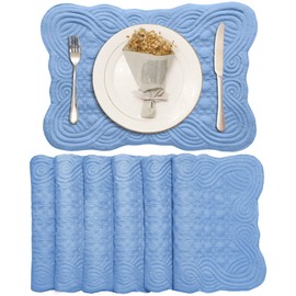 Loom and Mill Quilted Table Placemats Set of 6, Natural Fabric Farmhouse Style Dining Table Mats, Double Layer & Washable for Kitchen Dinner Party Holidays All Season Everyday Use(12"x18", Blue)