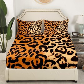 Brown Leopard Print Fitted Sheet Full Size,Kids Girls Woman Luxury Room Decor,Abstract Cheetah Skin Spots Bed Cover,Wild Animal Fur Bedding Set,Rustic Vintage Bed Sheet,2 Pillowcases