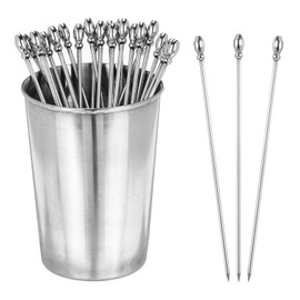PATIKIL Stainless Steel Cocktail Toothpicks 4.4Inch, 24 Pack Cocktail Picks Reusable Cocktail Skewers with A Storage Cup for Drinks Family Gatherings Afternoon Tea Bars, Silver