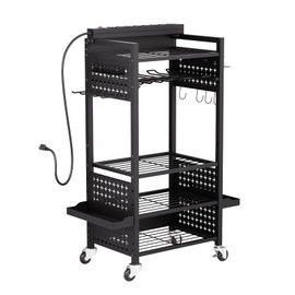 VEVOR 5-Tier Tool Organizer Cart with Charging Station, 8 AC Outlet, Floor Stand Rolling Drill Holder and Tool Battery Storage Rack on Wheels, Garage Floor Rolling Storage Cart for Workshop, Garage