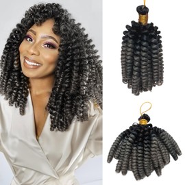 S-noilite Jamaican Bounce Crochet Hair 15 cm, Jumpy Wand Curls Crochet Hair, Short Pre-curled Crochet Braids Hair Extensions, Synthetic for Black Women, 1 Pack 60g, Black to Grey