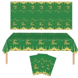 3 Pack Ramadan Decorations Ramadan Table Cloth, Green and Gold Eid Mubarak Tablecloth, 108x54 inch Ramadan Mubarak Table Cover, Ramadan Eid Decorations for Home, PE Plastic Disposable Tablecloth