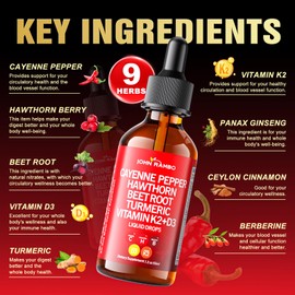 Cayenne Pepper Liquid Drops, Organic Cayenne Pepper Extract with Hawthorn Berry, Beetroot, Turmeric, Vitamin K2 & D3 Supplement for Immune Support, Circulation & Overall Wellness, Gluten Free, 2 Fl Oz