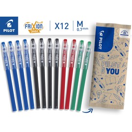 Pilot - 12 FriXion Ball Stick Ballpoint Pens - Gel Ink Erasable - 4 Blue, 4 Black, 2 Red, 2 Green - The Frixion Economical Medium Tip for School - School Supplies