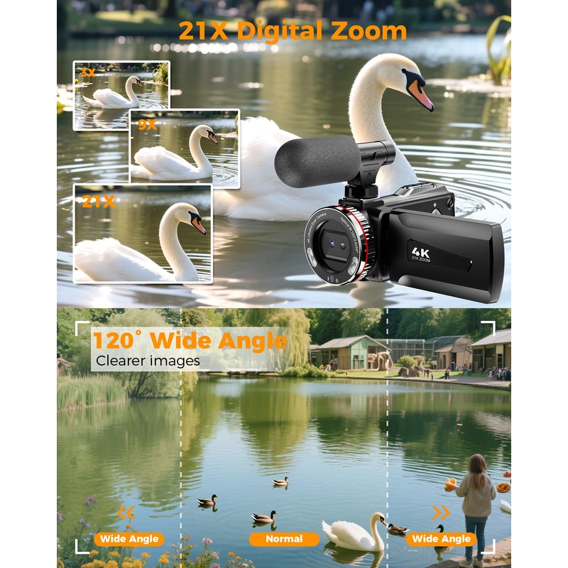 Video Camera 4K 60FPS Camcorder, 48MP 21X Digital Zoom Vlogging