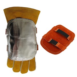 Welding hand protection, welding gloves, heat shield, split cowhide leather, aluminised back side, welding hand padding for industrial boilers, metal melting, cutting,