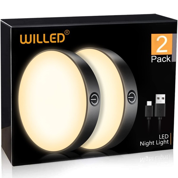 WILLED Tap Light Rechargeable, 3000K Dimmable Touch Light Buit-in 1000mAh Large Battery, Stick on Closet Light, Portable LED Puck Night Lights for Cabinet, Wardrobe, Counter, Kitchen, Bedroom (2 Pack)