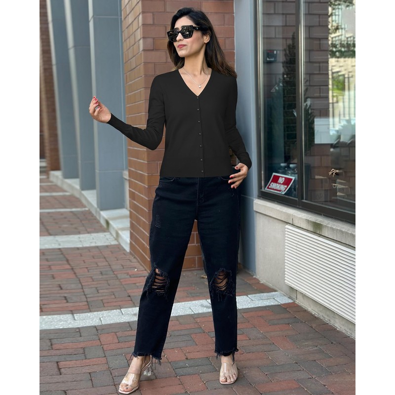 Arach&Cloz Women's V Neck Lightweight Cardigan Long Sleeve Solid Top