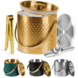 Ice Bucket, Ice Bucket with Silicone Sealing Ring Double-Wall Vacuum Insulation Champagne Buckets with Filter Layer Ice Tongs Ice Scoop (Gold, 3 L)