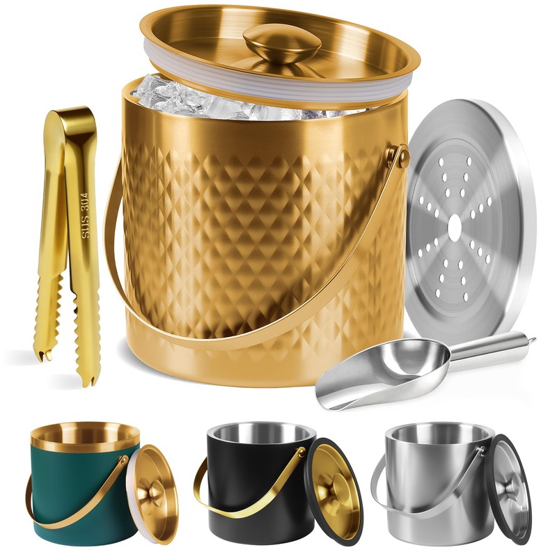 Ice Bucket, Ice Bucket with Silicone Sealing Ring Double-Wall Vacuum