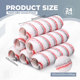Leumoi 24 Pcs Paint Roller Covers 9" x 1/2" Naps for Paint Roller Brush High Capacity Microfiber Paint Roller Sleeves House Painting Supplies for All Surfaces, Home Repair Tools, Red Gray Stripe