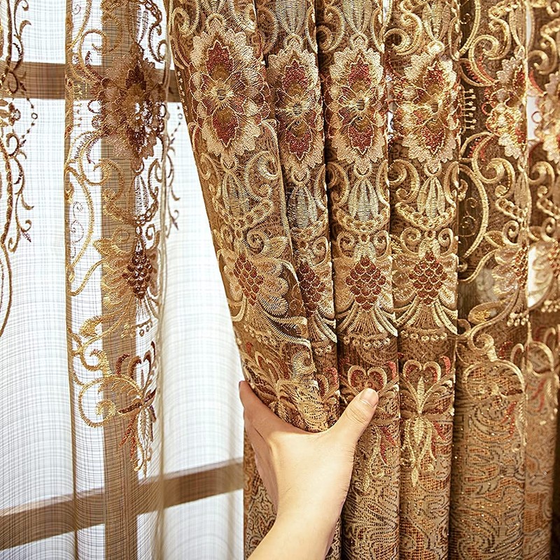 ELKCA European Embroidered Curtains for Living Room Luxury Brown Curtains