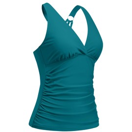Teal Tankini Tops for Women - Tummy Control V Neck Bathing Suit Top Only No Bottom M