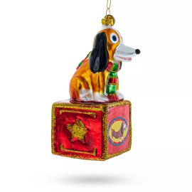 BESTPYSANKY Playful Toy Dog on Festive Red Box Glass Christmas Ornament