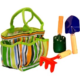 G & F 10012 JustForKids Kids Garden Tools Set with Tote hand rake shovel trowel