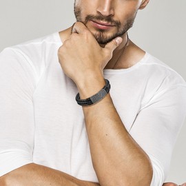 murtoo Leather Bracelets for Men, Black Brown Mens Double Row Braided Leather Bracelet with Steel Chain, Stylish Gift for Men Him (Black, Silver Chain, 8")