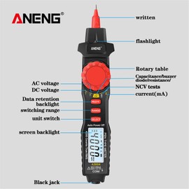A3004 Digital Pen Multimeter Auto Range NCV AC/DC Voltmeter Ammeter Ohmmeter Resistance Meter with Capacitance Diode Test Continuity Alarm Backlit LCD Screen with Data hold Flashlight