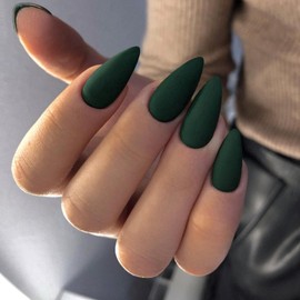 Matte Dark Green Press on Nails Almond Shaped Medium Almond Nails Press on Neutral Acrylic Nails Reusable Fake Nails for Women, Glue on Nails Medium Length Stiletto False Nails Gel Artificial Nails