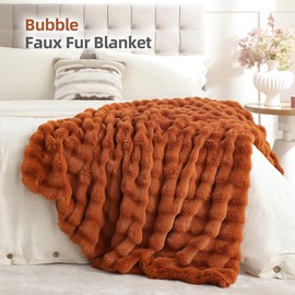 Smoofy Faux Fur Fall Throw Blanket for Couch – Burnt Orange Fluffy Cozy Rabbit Fleece, Plush Soft Bubble Blanket for Sofa & Bed, for Mom, Warm Fuzzy Home Room Decor Throw 60" x 80"
