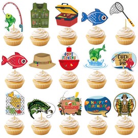 Plorbach 48 Pcs Fishing Cupcake Toppers, Upgrade Designed Fishing Birthday Party Cupcake Picks Decorations Gone Fishing Party Supplies For Men Boy fisherman Birthday Fishing Themed Party