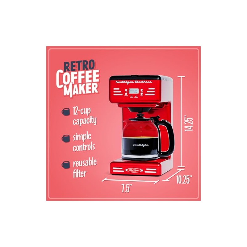 Nostalgia Retro 12-Cup Programmable Coffee Maker With LED Display, Automatic
