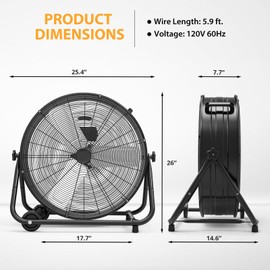 GarveeHome 24 Inch Industrial Drum Fan, 5700 CFM High Velocity Floor Fan, 3 Speed Heavy Duty Metal Air Circulator Fan, 360° Tilt with Casters Handle, Ideal for Patios, Warehouse, Commercial, Basement