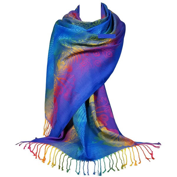 GFM® Silky Feel Peacock Rainbow Pashmina Style Scarf (EXC)(88)(PCK3-CRTNL).