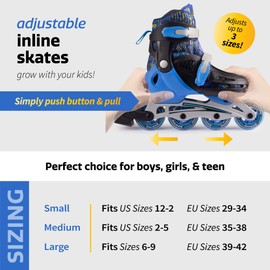 New Bounce Adjustable Inline Skates for Kids - 4 Wheel Blades Roller Skates for Boys, Girls, Teens, and Young Adults Outdoor Rollerskates for Beginners & Advanced | Blue