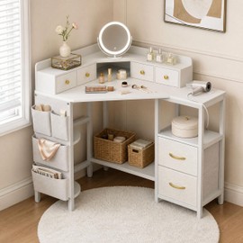 Corner Vanity Desk with Charging Station, Makeup Table with Drawers