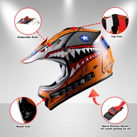 1Storm Youth Motocross Helmet Kids Motorcycle Bike Helmet Shark Orange + Goggles + MG Youth Orange Glove Bundle