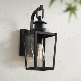 Possini Euro Design Ackerly 14" High Farmhouse Rustic Lantern Outdoor Wall Light Fixture Mount Porch House Exterior Outside Edison Bulb Weatherproof Textured Black Finish Metal Clear Glass Shade