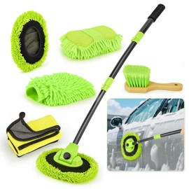 Farafox Car Wash Brush with Long Handle - 15° Curved Extendable Car Wash Mop,Soft Car Washing Brushes with Extra Microfiber Mop Head for Truck SUV Cleaning Not Hurt Paint Scratch Free