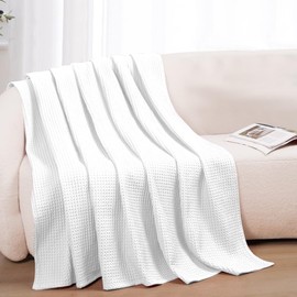 100% Cotton Blankets Throw Size for Bed - Waffle Weave Blankets for Summer, Lightweight and Breathable Soft Woven Blanket for Spring (White, Throw (50" x 60")