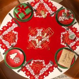 Tingjoo Christmas Poinsettia Tablecloth Topper 34" Holiday Embroidered Tablecloth Xmas Red Square Tablecloth with Gold Cutwork Flower Bell for Christmas Winter Table Coffee Table Cover Decorations