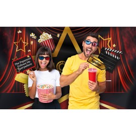 Movie Night Party Decoration Kit - includes Photography Backdrop & 10 Studio Selfie Photo Booth Props with Sticks - Cinema Popcorn Theme Studio Background Banner Birthday Supplies