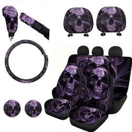 XYZCANDO Vehicle Car Seat Protector Set Purple Skull Include Car Seat Cover, Car Coaster, Steering Wheel Cover, Headrest Cover, Handbrake Gear Shift Knob Cover Car Accessories 11 Pcs