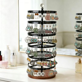 Raymorium 6-story rotating earring rack storage rack, adjustable plastic pendant display rack, 348 grooves on the tree band, large circular storage tower, black wooden disc design