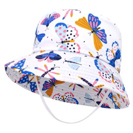 JUPSK Girls Sun Hat, Butterfly Bucket Hat Adventure Hat Toddler Sun Hat UV Protection with Adjustable Chin Strap, Lightweight Breathable Beach Hat Summer Play Hat for 2-4 Years White