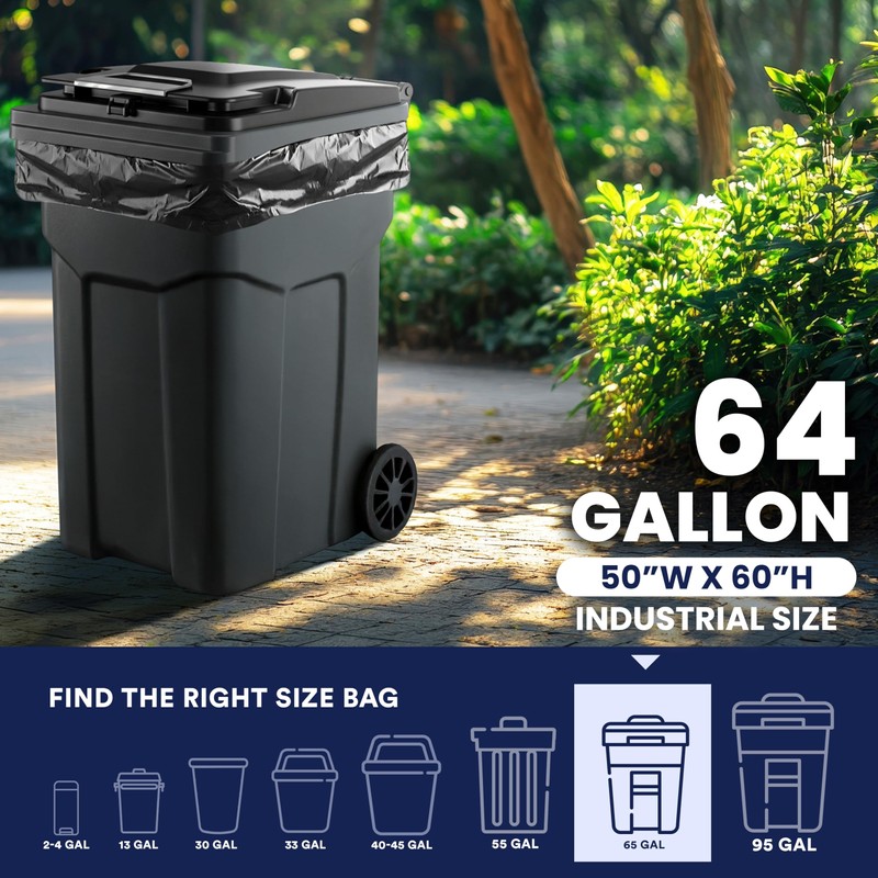 Plasticplace 64-65 Gallon Black Trash Bags, Heavy Duty Toter Can