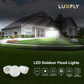 LUXFLY 2 Pack LED Flood Lights Outdoor, 34W 3500LM Dusk to Dawn Dual-Head Flooflight, IP65 Waterproof Exterior Security Lights, Wall Light for Ourside, Patio, Garage, Yard (White, 2P)