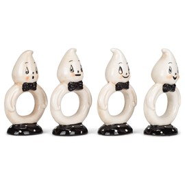 Transpac Friendly White Ghost 4.25 x 2.25 Ceramic Napkin Ring Holders Set of 4 (TH00337)