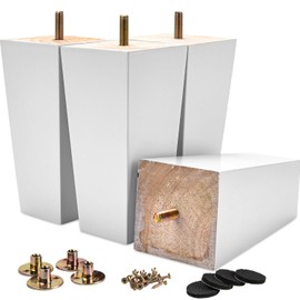 La Vane 4 inch Solid Wood Furniture Legs Set of 4 – Square Pyramid White Replacement Feet for Couch, Sofa, DIY Repair & Restoration with Pre-Drilled 5/16'' Bolt & Hardware, Mid-Century Modern Style