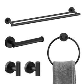 Matte Black Bathroom Accessories Set, SUS304 Stainless Steel 5 Pieces Bathroom Hardware Set, 24" Double Bath Towel Bar Set, 2 Towel Hooks, Toilet Paper Holder, Towel Racks for Bathroom Wall Mounted