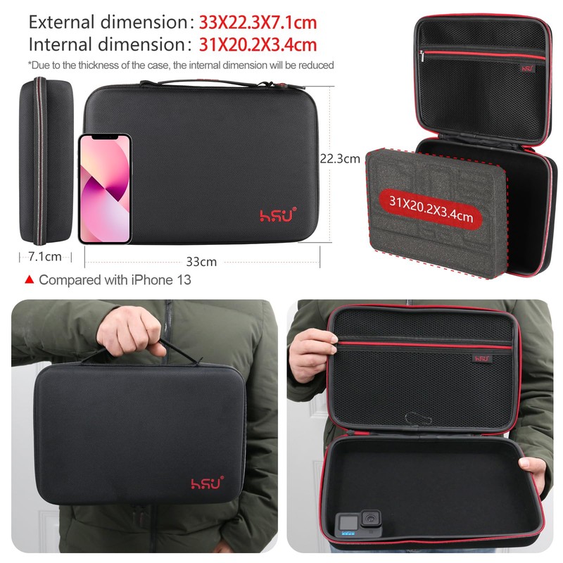 HSU Protective Carry Case (Large) Sponge Interior Compatible with GoPro