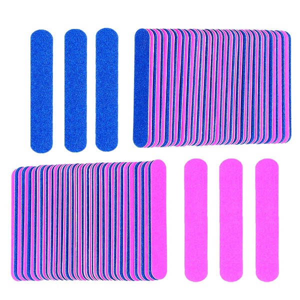 KISEER Mini Nail Files Bulk, 100 Pcs Disposable Double Sided Emery Boards Travel Size for Men, Women, Kids (Blue and Pink)