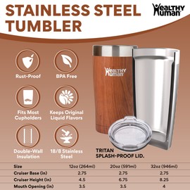 Healthy Human Stainless Steel Tumbler with Straw & Lid | Splash Proof Insulated Travel Cup | Eco-Friendly Coffee Tumblers | Water Cups with Straws Cleaner and Splash Proof Lids (20oz, Natural Wood)