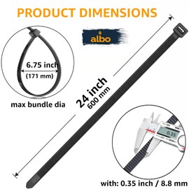 ALBO Zip Ties Black 24 Inch 50 Pack 200 lb, Long Plastic Cable Ties Thick 0,35 Inch Tie Wraps Heavy Duty UV Resistant Nylon Wire Ties for Indoor and Outdoor