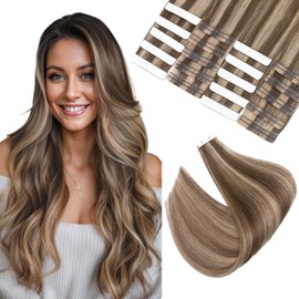 Elailite Tape in Hair Extensions Human Hair Thick Real Remy Hairpieces Medium Brown & Dark Blonde 22 Inch 50g 20pcs Straight Invisible Seamless Skin Weft Best Tape for Women